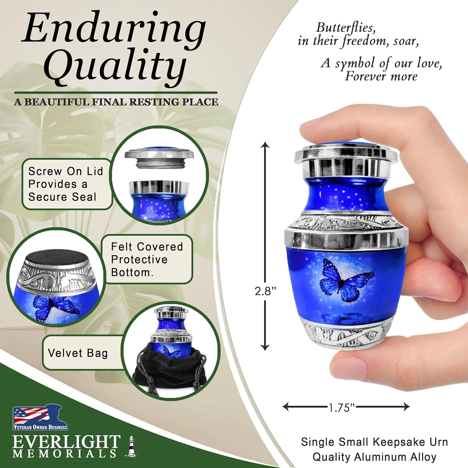 Small Keepsake Urn for Human Ashes - Dark Blue Butterfly