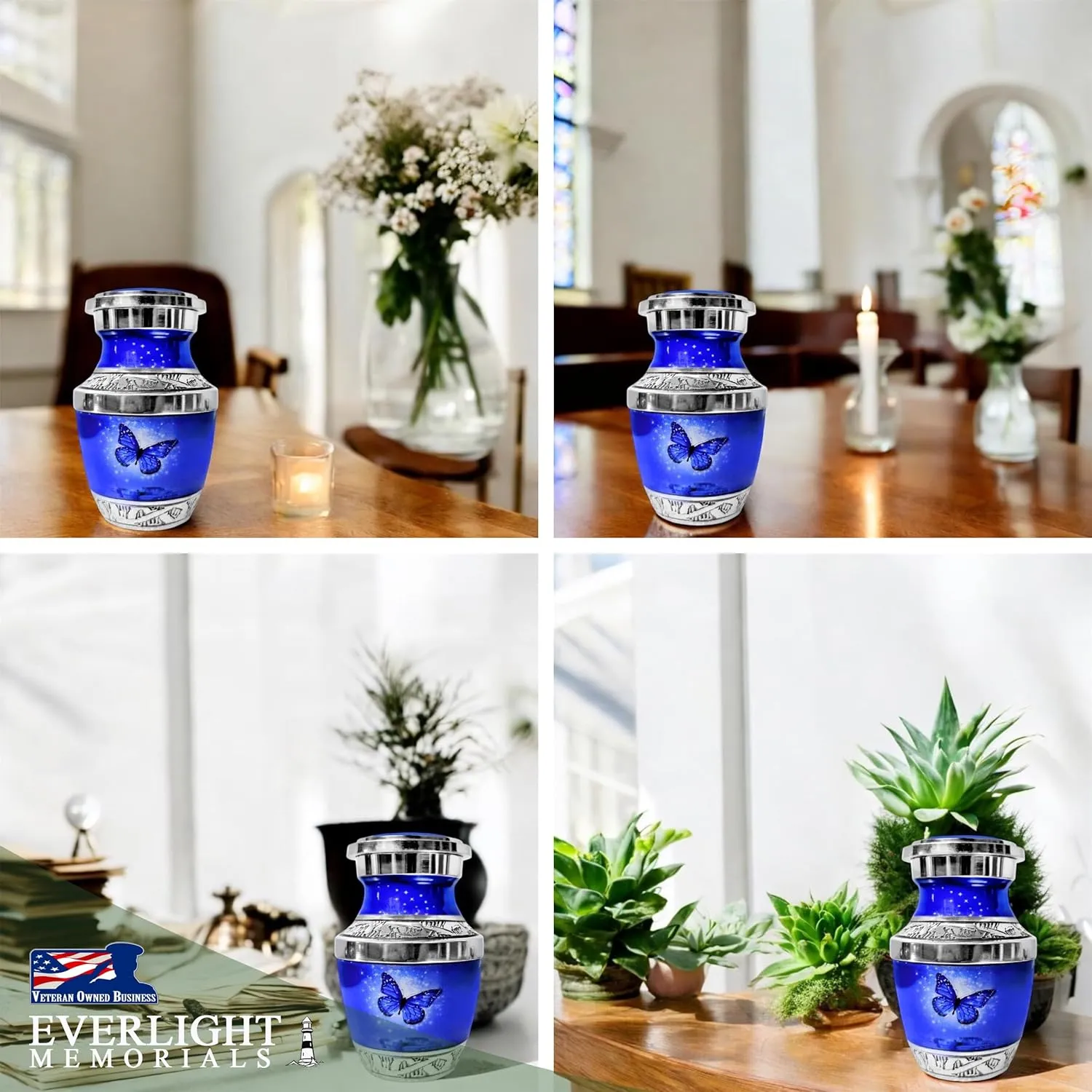 Small Keepsake Urn for Human Ashes - Dark Blue Butterfly