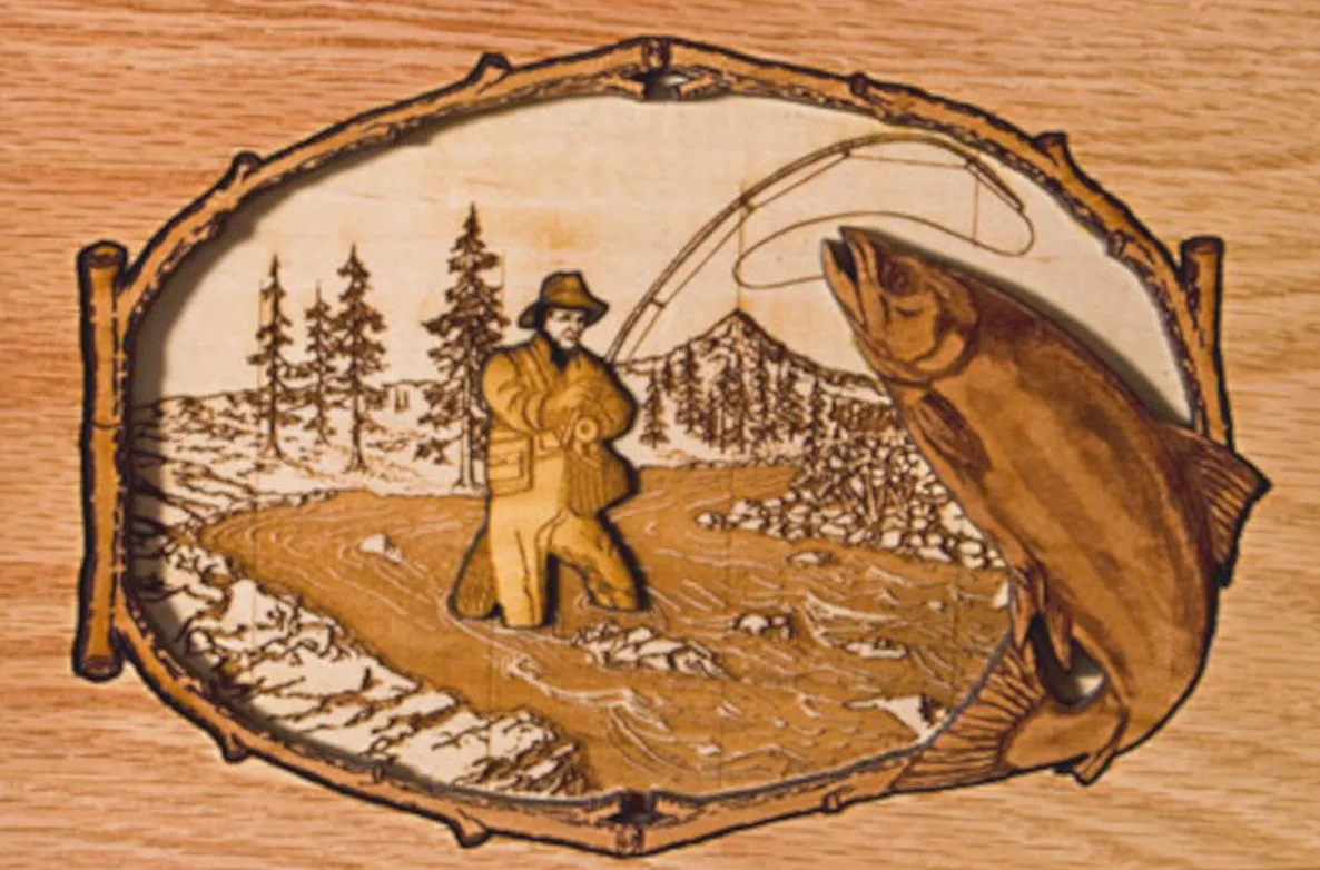 Stream Fishing Cremation Urn with Dimensional Wood Art