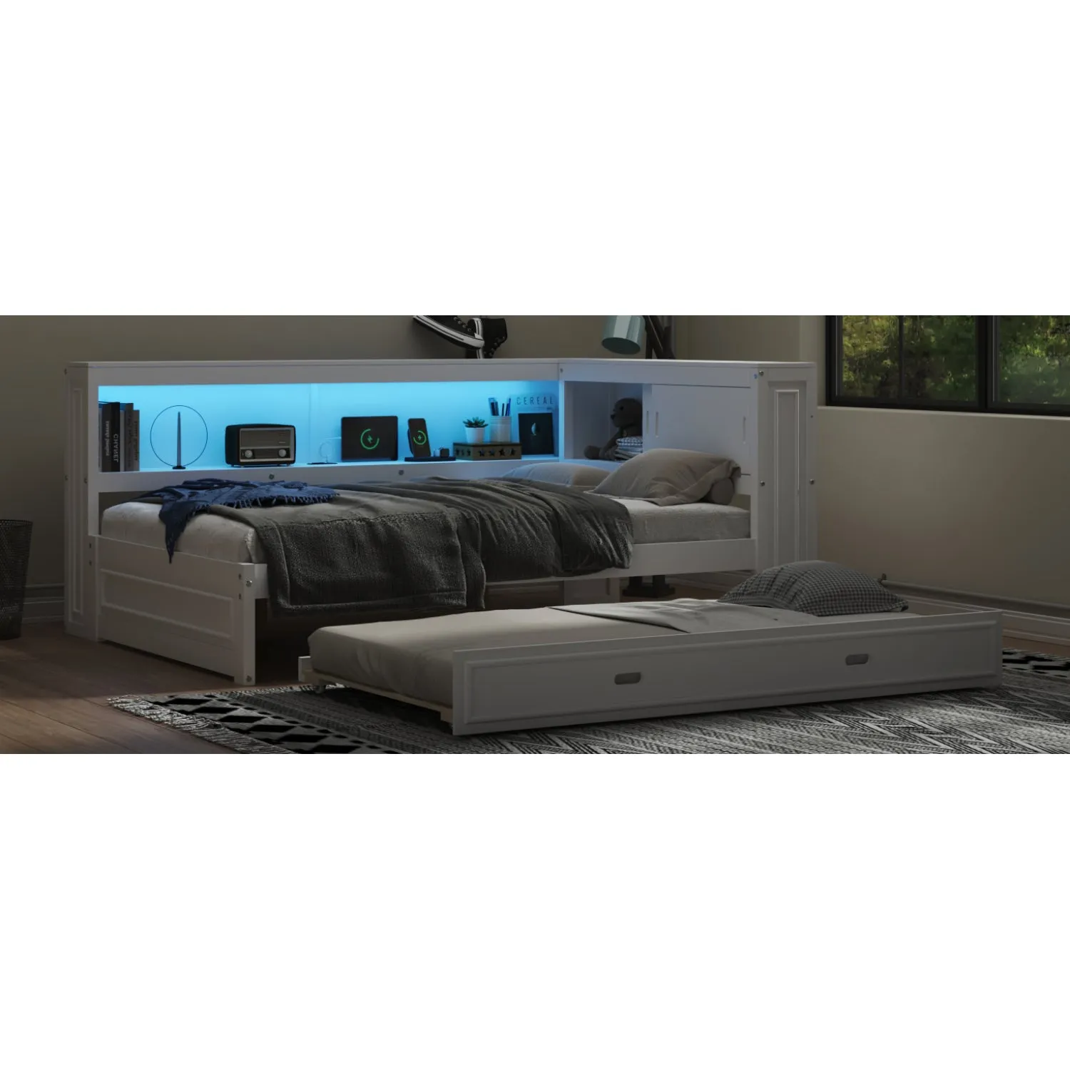 Streamdale Full Size Wood Daybed with Storage Shelves, USB, LED, and Trundle