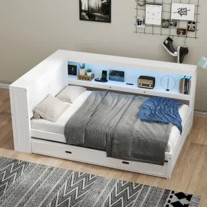 Streamdale Full Size Wood Daybed with Storage Shelves, USB, LED, and Trundle