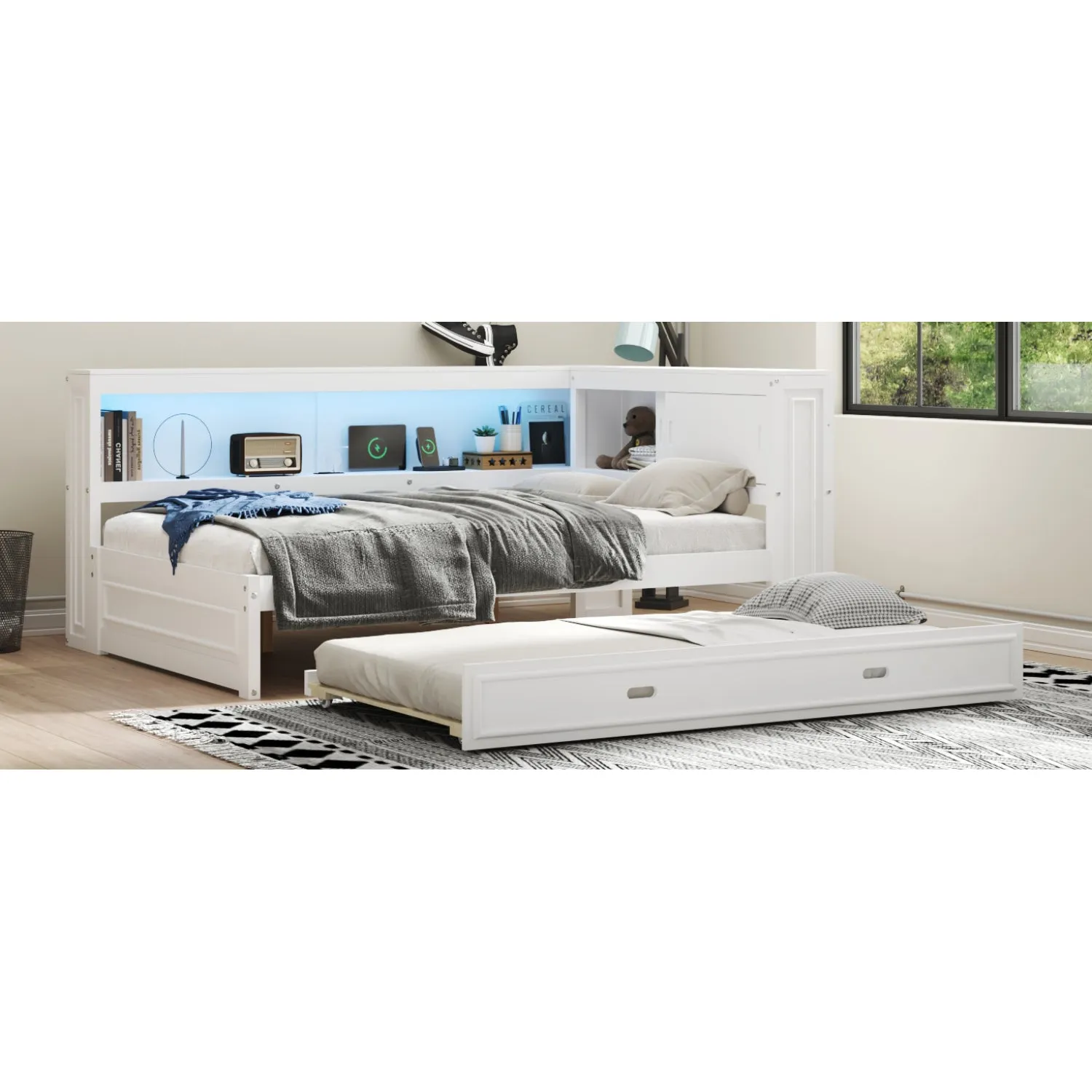 Streamdale Full Size Wood Daybed with Storage Shelves, USB, LED, and Trundle
