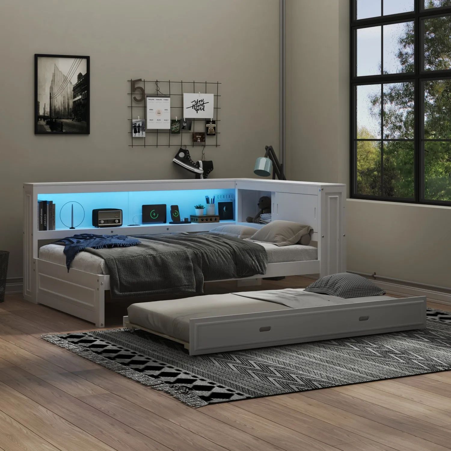 Streamdale Full Size Wood Daybed with Storage Shelves, USB, LED, and Trundle