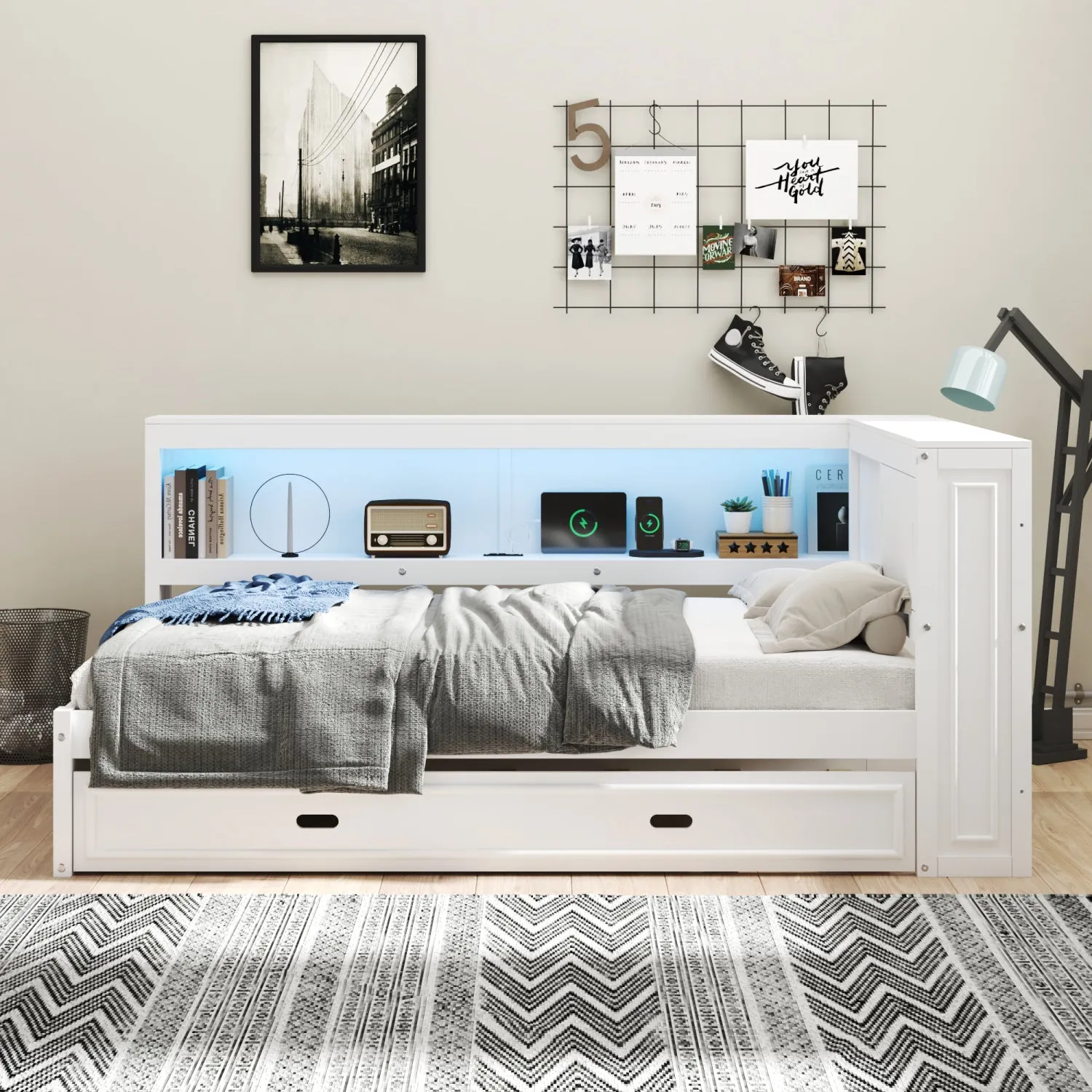 Streamdale Full Size Wood Daybed with Storage Shelves, USB, LED, and Trundle