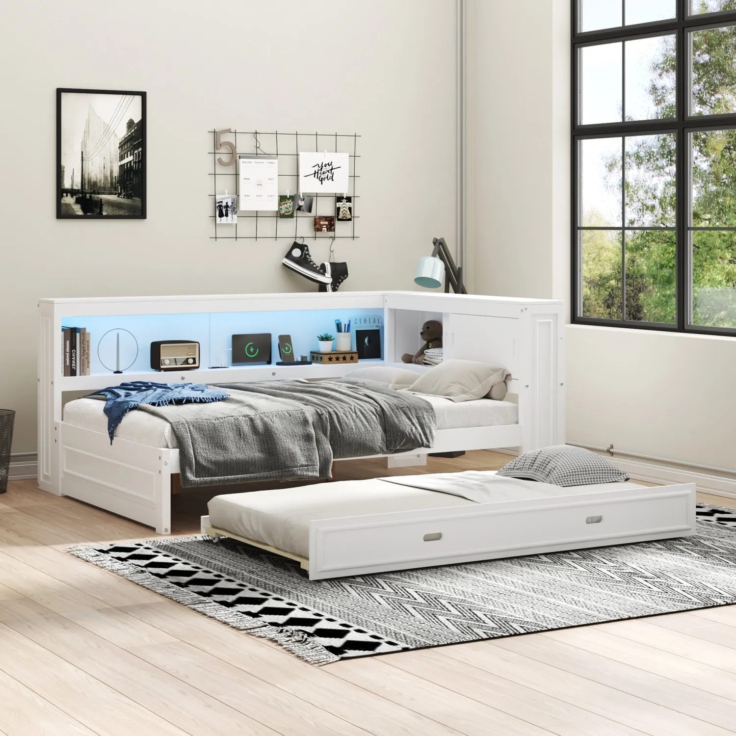 Streamdale Full Size Wood Daybed with Storage Shelves, USB, LED, and Trundle