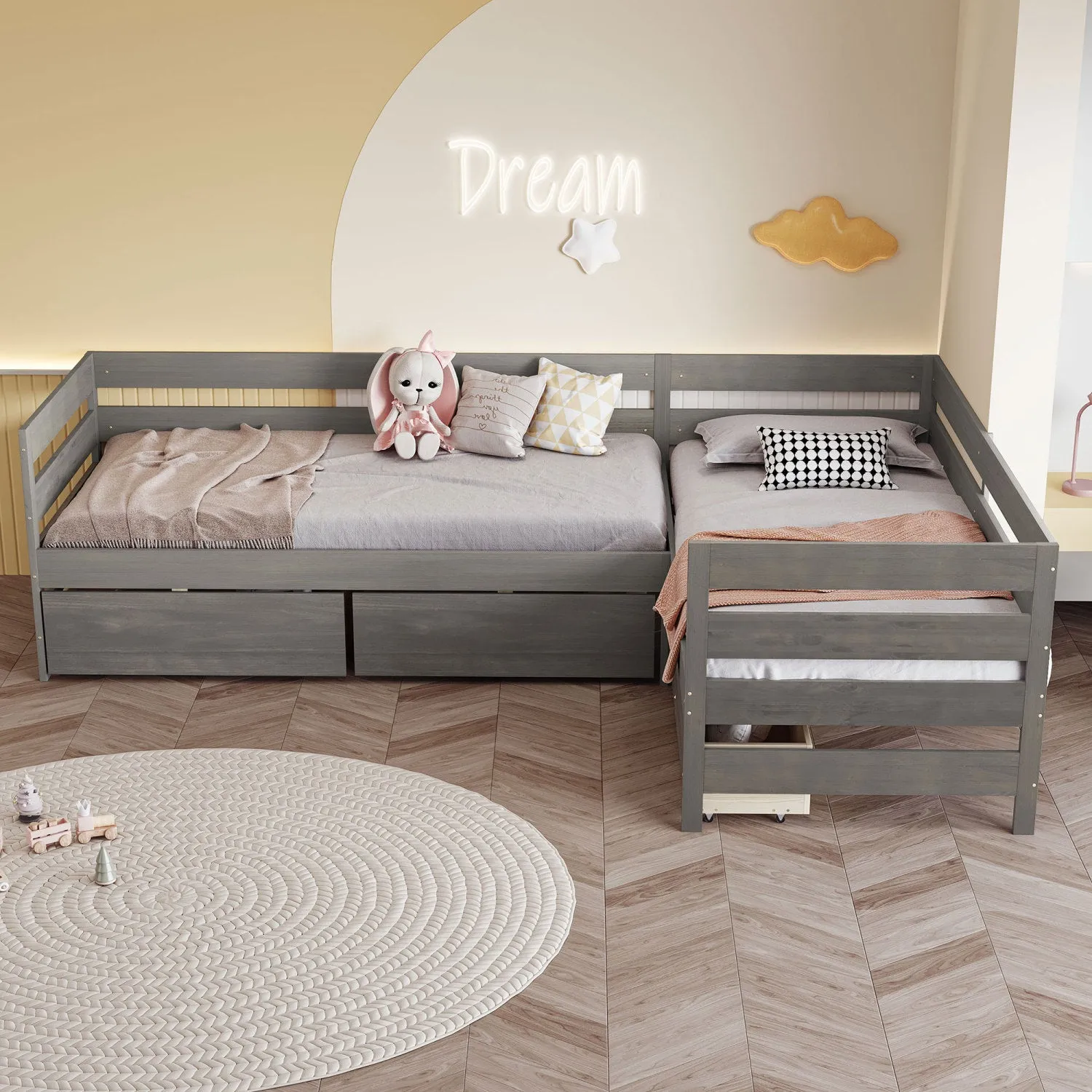 Streamdale Twin Size L-shaped Platform Bed with Three Storage Drawers