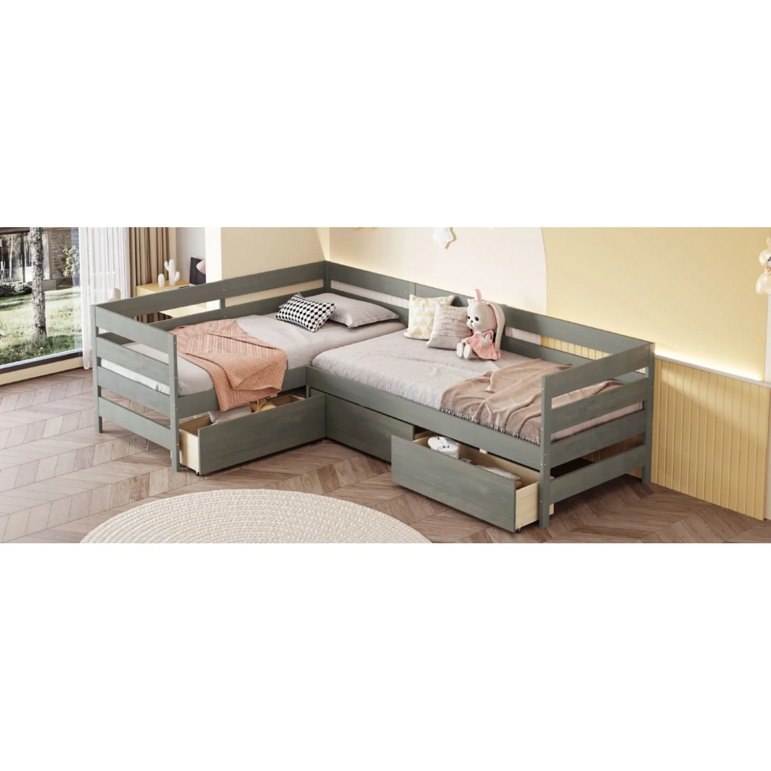 Streamdale Twin Size L-shaped Platform Bed with Three Storage Drawers