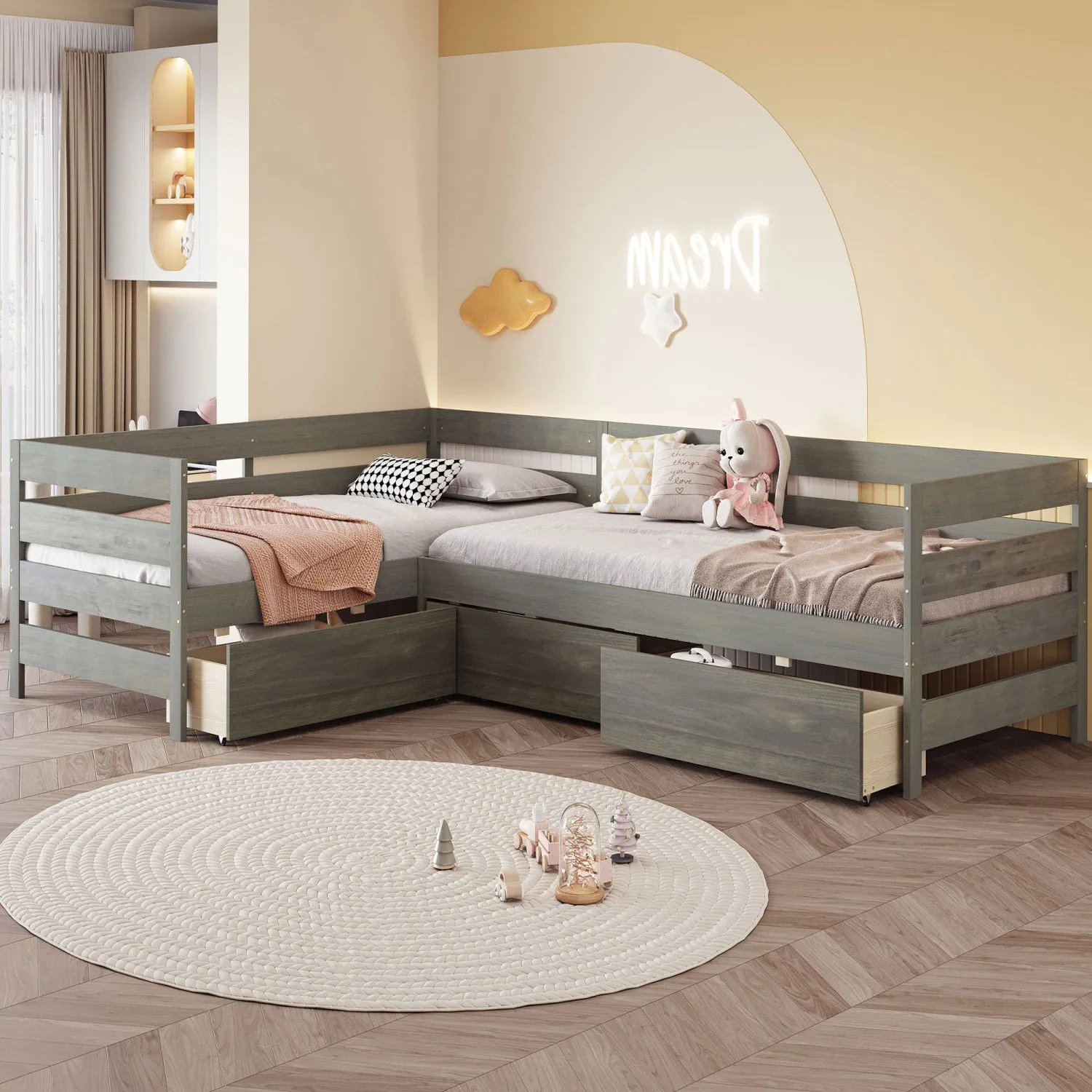 Streamdale Twin Size L-shaped Platform Bed with Three Storage Drawers