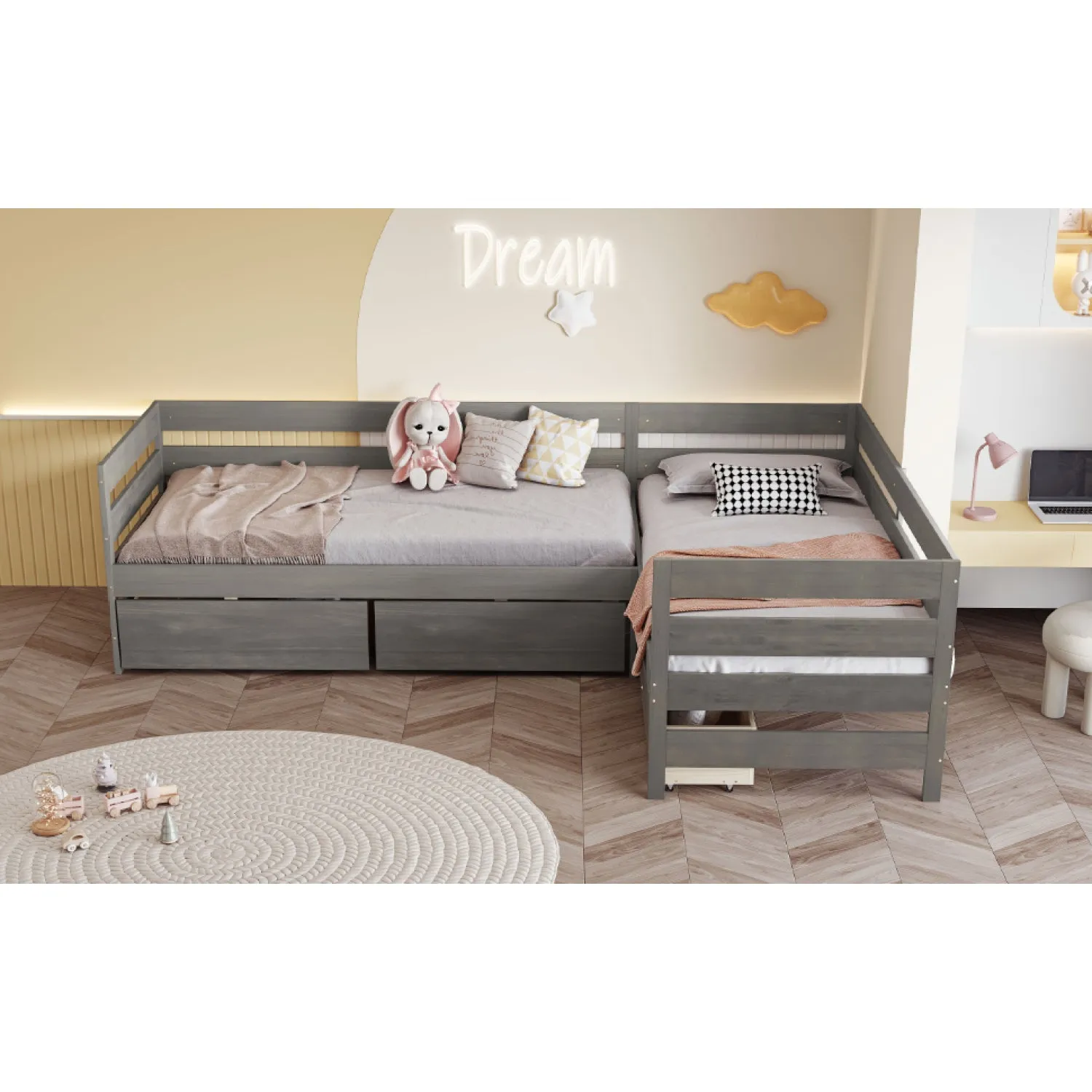 Streamdale Twin Size L-shaped Platform Bed with Three Storage Drawers