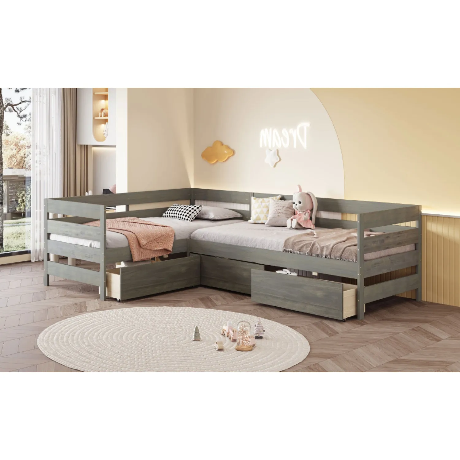 Streamdale Twin Size L-shaped Platform Bed with Three Storage Drawers