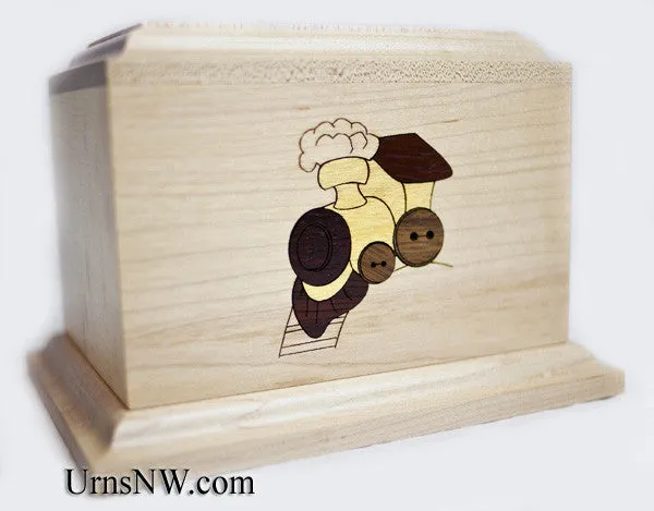 Train Inlay Small Wood Cremation Urn - 55 cubic inches