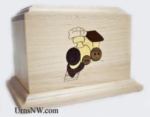 Train Inlay Small Wood Cremation Urn - 55 cubic inches