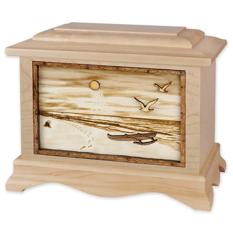 Tropical Beach Cremation Urn with Wood Art Outrigger Canoe
