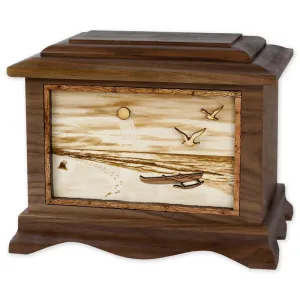 Tropical Beach Cremation Urn with Wood Art Outrigger Canoe