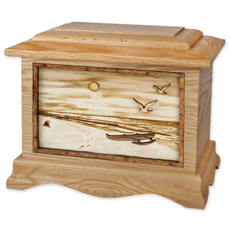 Tropical Beach Cremation Urn with Wood Art Outrigger Canoe