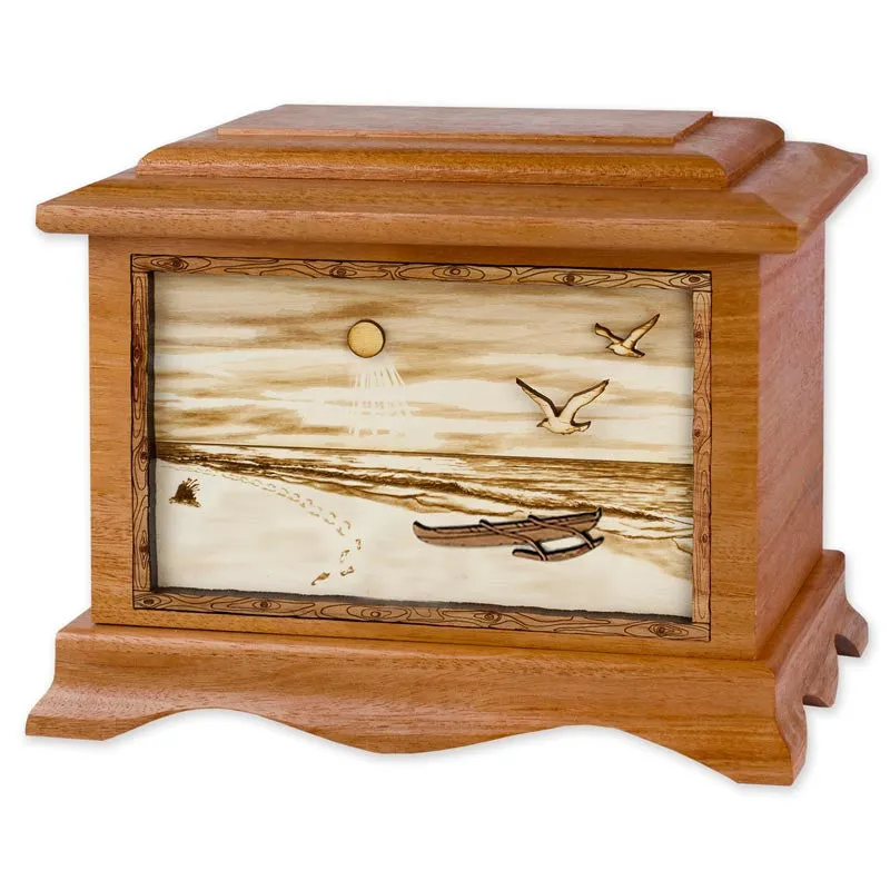 Tropical Beach Cremation Urn with Wood Art Outrigger Canoe