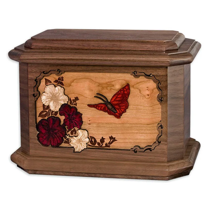 Wood Octagon Butterfly Cremation Urn with Dimensional Art Inlay
