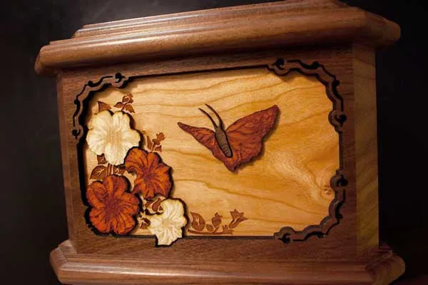 Wood Octagon Butterfly Cremation Urn with Dimensional Art Inlay