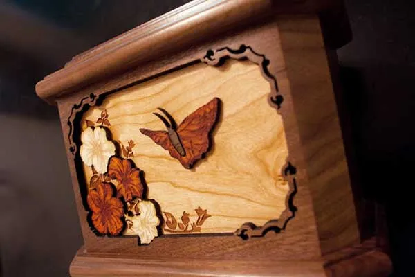Wood Octagon Butterfly Cremation Urn with Dimensional Art Inlay
