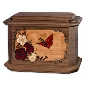 Wood Octagon Butterfly Cremation Urn with Dimensional Art Inlay