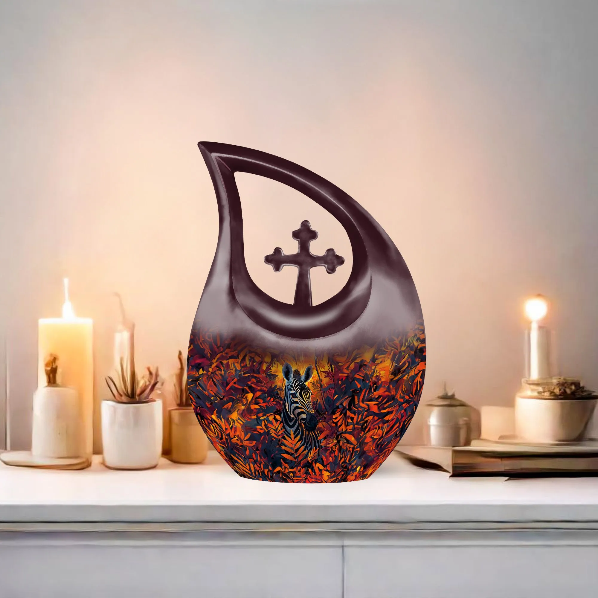 Zebra Urn Cross Drop Design - Tribute Cremation Memorial